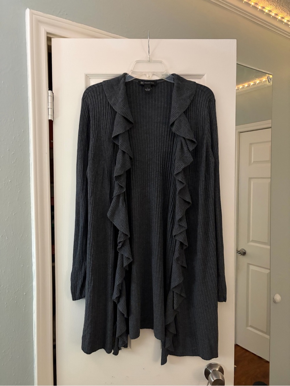 INC Ruffled Ribbed Longline Cardigan Duster Charcoal Gray L 🩶